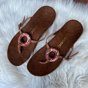 Vionic Chestnut Brown and Pink Jeweled Ring Slip On Sandals